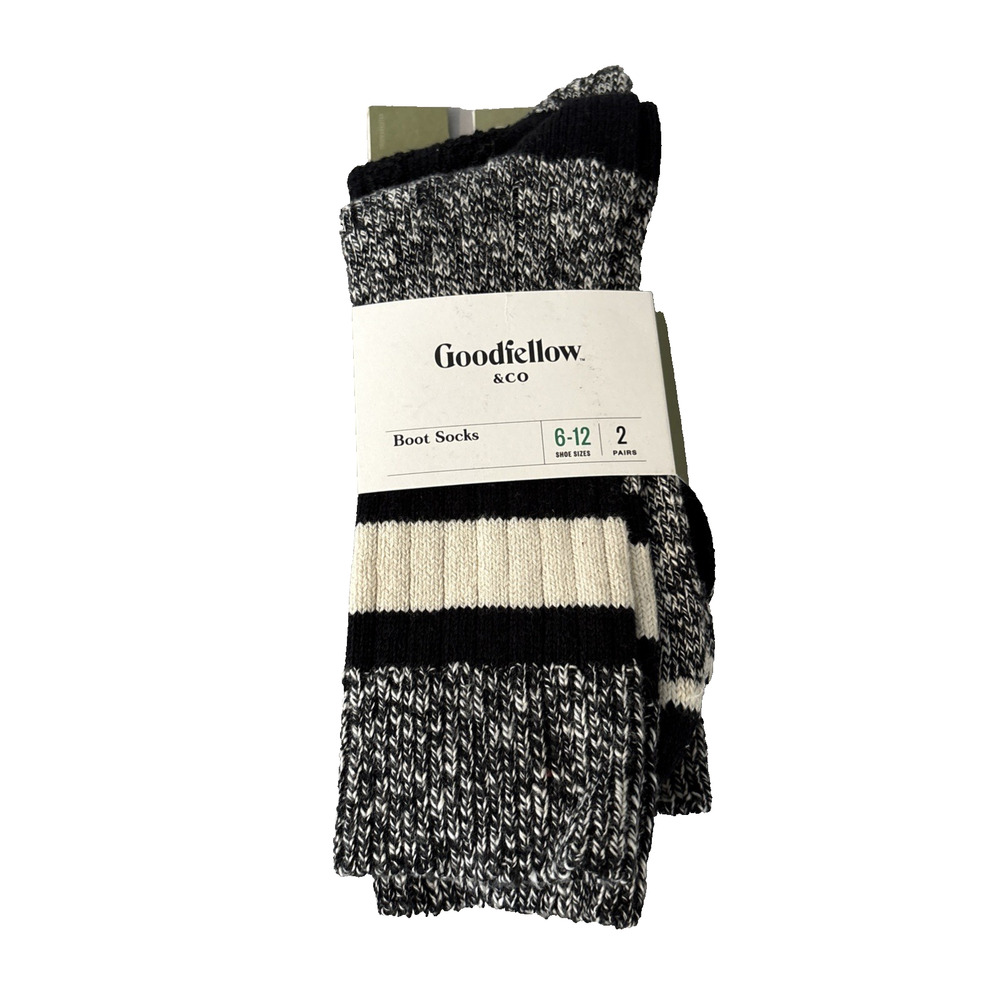 Goodfellow & Co Mens Boot Socks 2 Pairs Black Stripes, Shoe Size 6-12 NEW